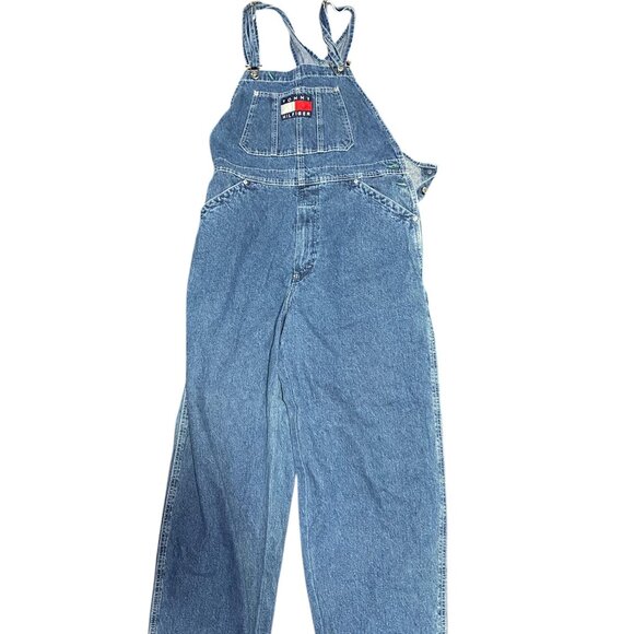 Vintage 90s Tommy Hilfiger Embroidered Logo Overalls Denim Jeans Medium - Picture 7 of 12